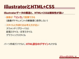 10
IllustratorとHTML+CSS
Illustratorデータの構造と、HTML+CSSは親和性が高い
・	画像が「リンク」で配置できる
（画像がドキュメントの解像度に依存しない）
・	スタイルと外部CSSは考え方が近い
スウォッチ（グローバル）
段落スタイル・文字スタイル
グラフィックスタイル
パーツ作成だけでなく、HTML部分のデザインもできる
 