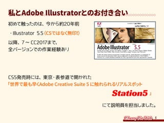 5
私とAdobe Illustratorとのお付き合い
初めて触ったのは、今から約20年前
・	Illustrator 5.5（CSではなく無印！）
以降、7～ CC2017まで、
全バージョンでの作業経験あり
CS5発売時には、東京・表参道で開かれた
「世界で最も早くAdobe Creative Suite 5 に触れられるリアルスポット
 Station5 」　
 にて説明員を担当しました。
 