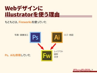 7
Webデザインに
Illustratorを使う理由
もともとは、Fireworksを使っていた
Ps、Aiも併用していた
写真・画像加工 ロゴ・地図
レイアウト
図形
文字
 