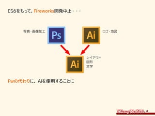 8
CS6をもって、Fireworks開発中止・・・
Fwの代わりに、Aiを使用することに
写真・画像加工 ロゴ・地図
レイアウト
図形
文字
 