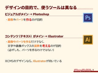9
デザインの目的で、使うツールは異なる
ビジュアルがメイン → Photoshop
・	画像やパーツを作るのが目的
コンテンツ（テキスト）がメイン → Illustrator
・	画像やパーツを作るだけでなく、
文字や画像ボックスの装飾を考えるのが目的
（必ずしも、パーツを作るわけではない）
※CMSのデザインなら、Illustratorが向いている
 