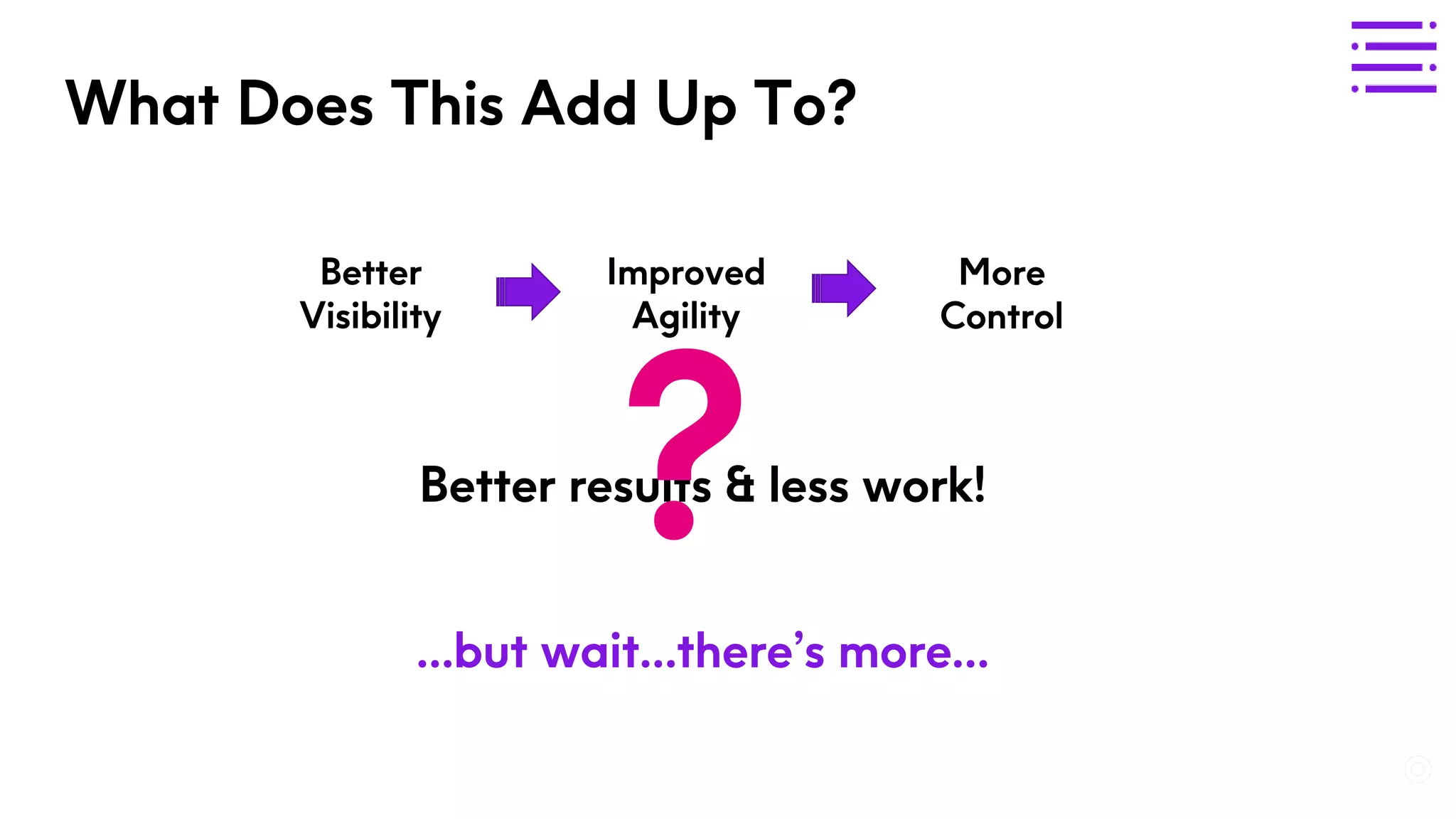 What Does This Add Up To? Better results & less work! More Control Improved Agility Better Visibility ? …but wait…there’s more… 