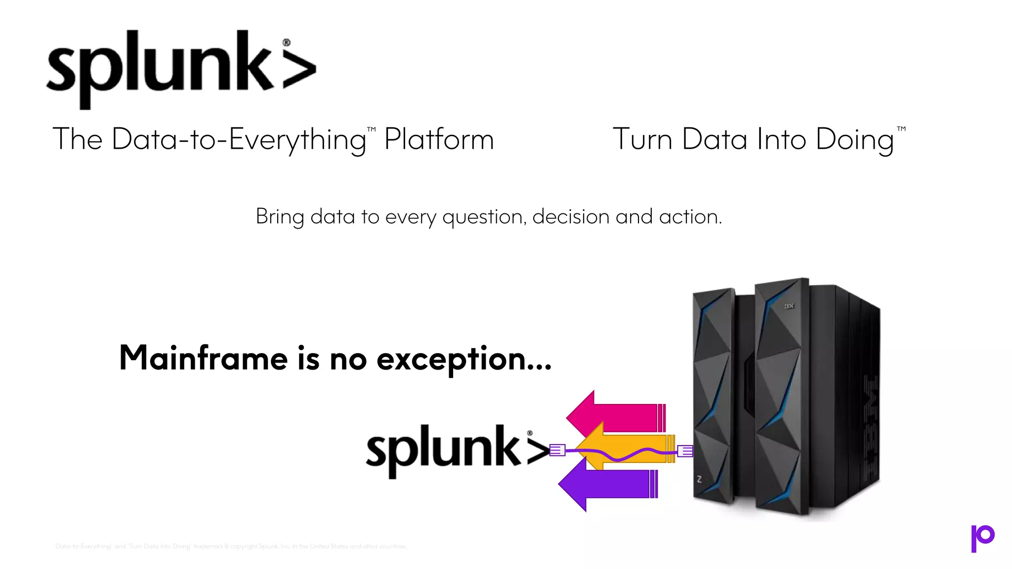 The Data-to-Everything Platform™ Bring data to every question, decision and action. Turn Data Into Doing™ Mainframe is no exception… “Data-to-Everything” and “Turn Data Into Doing” trademark & copyright Splunk, Inc. in the United States and other countries. 