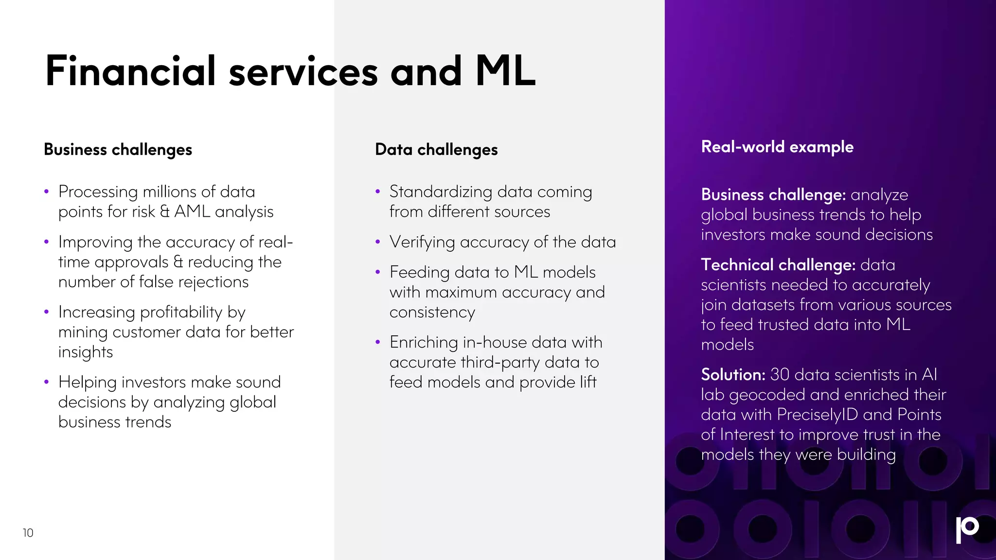 Business challenge: analyze
global business trends to help
investors make sound decisions
Technical challenge: data
scientists needed to accurately
join datasets from various sources
to feed trusted data into ML
models
Solution: 30 data scientists in AI
lab geocoded and enriched their
data with PreciselyID and Points
of Interest to improve trust in the
models they were building
Real-world example
Financial services and ML
10
Business challenges
• Processing millions of data
points for risk & AML analysis
• Improving the accuracy of real-
time approvals & reducing the
number of false rejections
• Increasing profitability by
mining customer data for better
insights
• Helping investors make sound
decisions by analyzing global
business trends
Data challenges
• Standardizing data coming
from different sources
• Verifying accuracy of the data
• Feeding data to ML models
with maximum accuracy and
consistency
• Enriching in-house data with
accurate third-party data to
feed models and provide lift
 