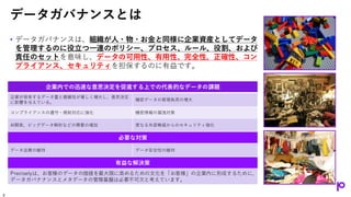 データガバナンスとは
• データガバナンスは、組織が人・物・お金と同様に企業資産としてデータ
を管理するのに役立つ一連のポリシー、プロセス、ルール、役割、および
責任のセットを意味し、データの可用性、有用性、完全性、正確性、コン
プライアンス、セキュリティを担保するのに有益です。
企業内での迅速な意思決定を促進する上での代表的なデータの課題
企業が保有するデータ量と複雑性が著しく増大し、意思決定
に影響を与えている。
機密データの管理負荷の増大
コンプライアンスの遵守・規制対応に強化 機密情報の漏洩対策
AI開発、ビッグデータ解析などの需要の増加 更なる外部脅威からのセキュリティ強化
必要な対策
データ品質の維持 データ安全性の維持
有益な解決策
Preciselyは、お客様のデータの価値を最大限に高めるための文化を「お客様」の企業内に形成するために、
データガバナナンスとメタデータの管理基盤は必要不可欠と考えています。
6
 
