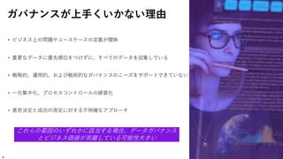 ガバナンスが上手くいかない理由
• ビジネス上の問題やユースケースの定義が曖昧
• 重要なデータに優先順位をつけずに、すべてのデータを収集している
• 戦略的、運用的、および戦術的なガバナンスのニーズをサポートできていない
• 一元集中化、プロセスコントロールの硬直化
• 意思決定と成功の測定に対する不明確なアプローチ
これらの要因のいずれかに該当する場合、データガバナンス
とビジネス価値が乖離している可能性大きい
9
 