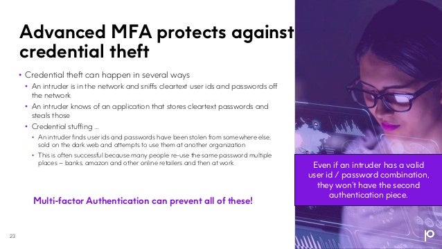 Advanced MFA protects against
credential theft
23
• Credential theft can happen in several ways
• An intruder is in the network and sniffs cleartext user ids and passwords off
the network
• An intruder knows of an application that stores cleartext passwords and
steals those
• Credential stuffing …
• An intruder finds user ids and passwords have been stolen from somewhere else,
sold on the dark web and attempts to use them at another organization
• This is often successful because many people re-use the same password multiple
places – banks, amazon and other online retailers and then at work
Multi-factor Authentication can prevent all of these!
Even if an intruder has a valid
user id / password combination,
they won’t have the second
authentication piece.
 