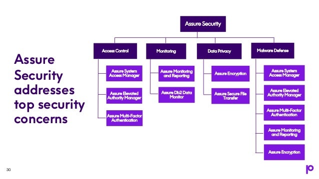 30
30
Assure Security
Data Privacy
Assure Encryption
Assure Secure File
Transfer
Assure Monitoring
and Reporting
Assure Db2 Data
Monitor
Access Control
Assure System
Access Manager
Assure Elevated
Authority Manager
Assure Multi-Factor
Authentication
Monitoring Malware Defense
Assure System
Access Manager
Assure Elevated
Authority Manager
Assure Multi-Factor
Authentication
Assure Monitoring
and Reporting
Assure Encryption
Assure
Security
addresses
top security
concerns
 