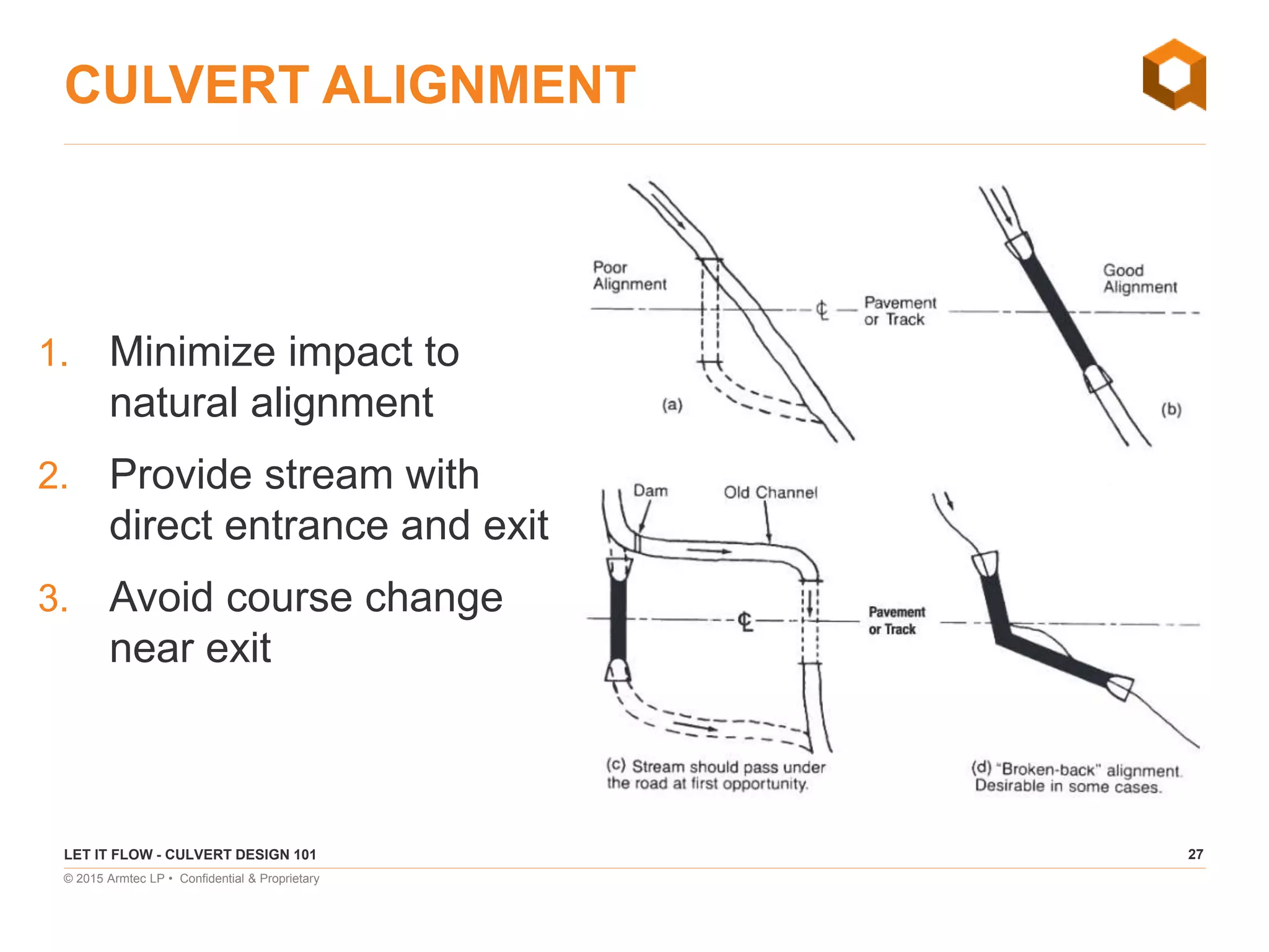 27
© 2015 Armtec LP • Confidential & Proprietary
CULVERT ALIGNMENT
1. Minimize impact to
natural alignment
2. Provide stream with
direct entrance and exit
3. Avoid course change
near exit
LET IT FLOW - CULVERT DESIGN 101
 