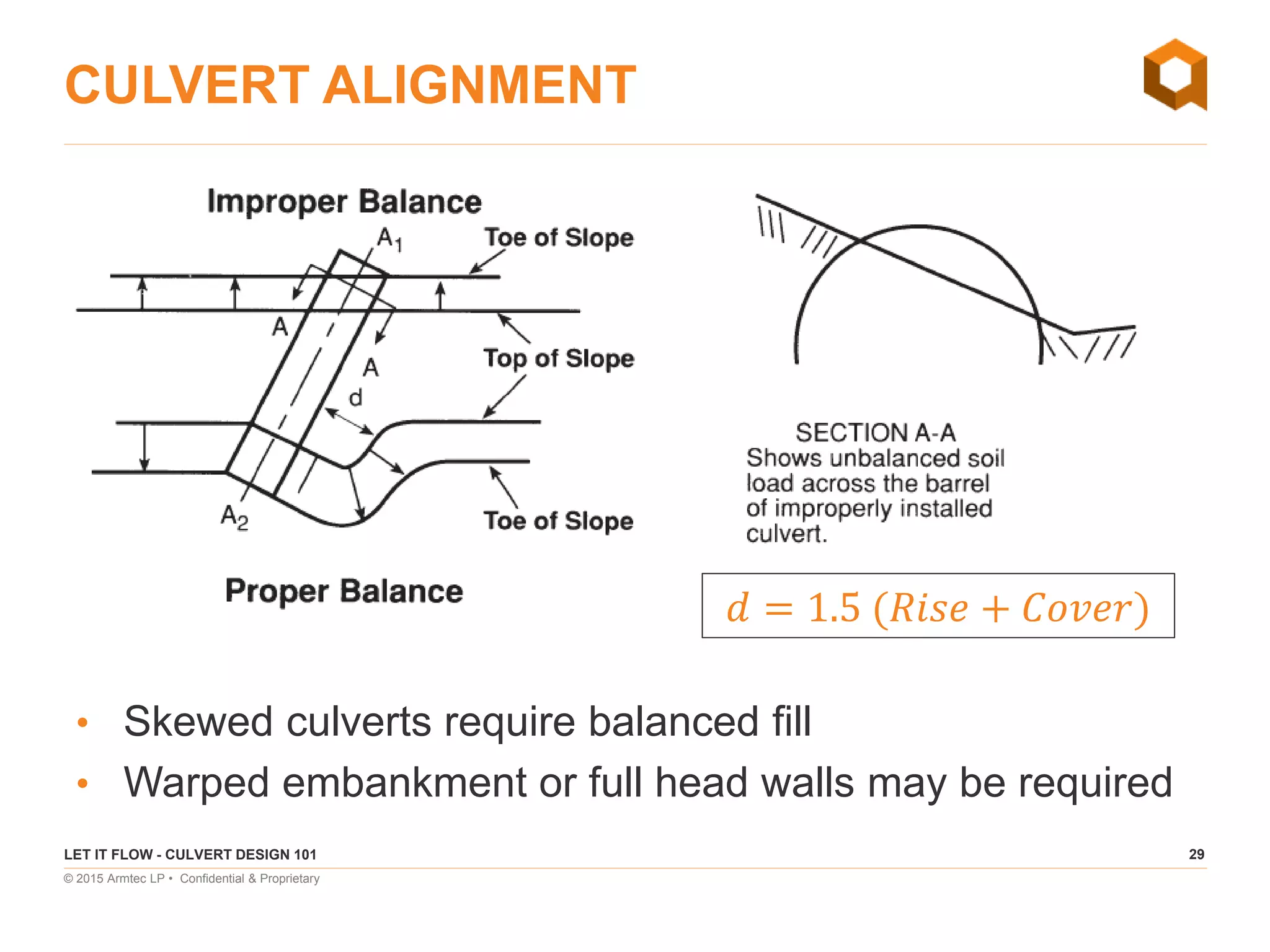 29
© 2015 Armtec LP • Confidential & Proprietary
CULVERT ALIGNMENT
• Skewed culverts require balanced fill
• Warped embankment or full head walls may be required
LET IT FLOW - CULVERT DESIGN 101
𝑑 = 1.5 (𝑅𝑖𝑠𝑒 + 𝐶𝑜𝑣𝑒𝑟)
 