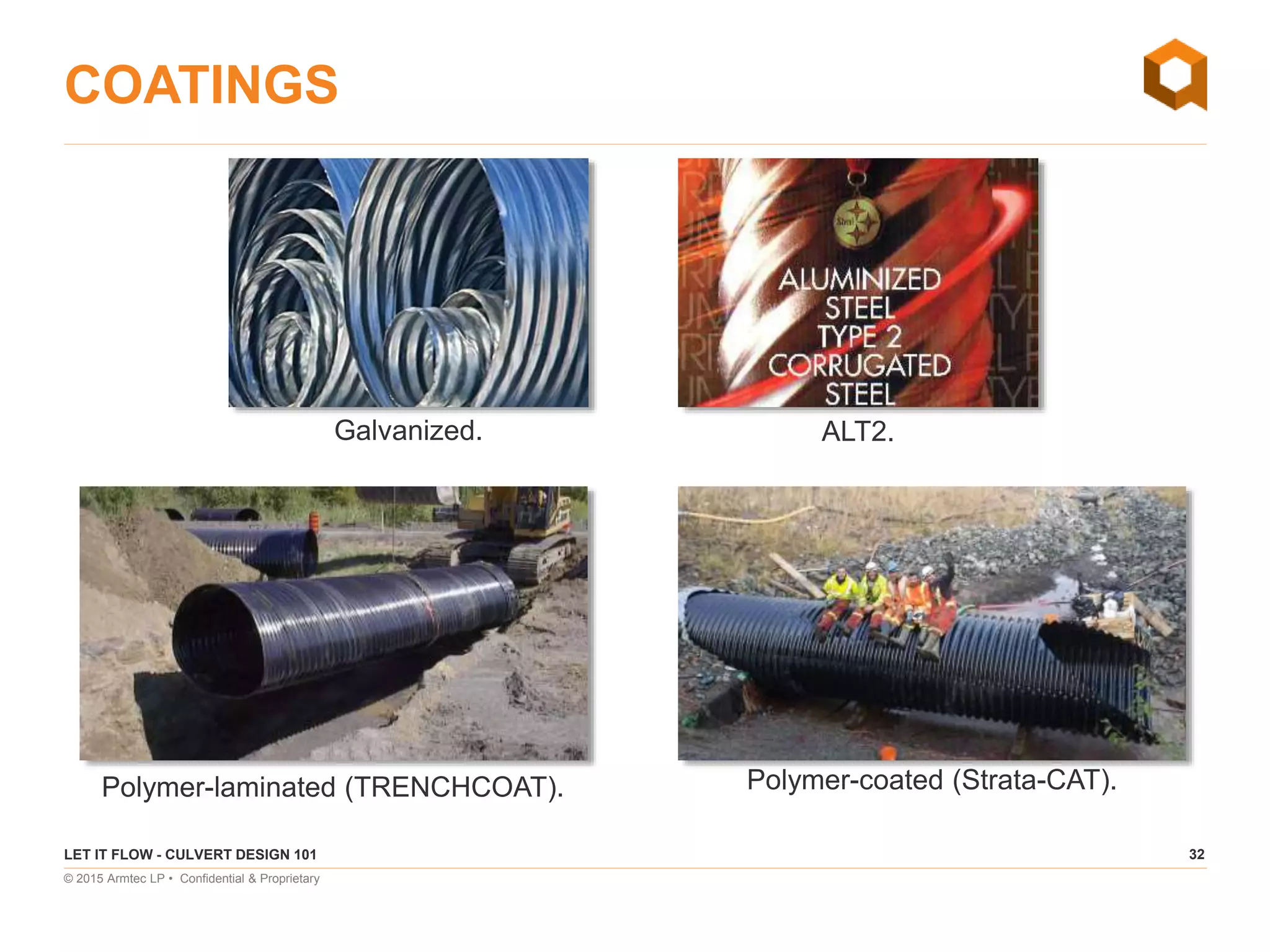 32
© 2015 Armtec LP • Confidential & Proprietary
COATINGS
LET IT FLOW - CULVERT DESIGN 101
Galvanized. ALT2.
Polymer-laminated (TRENCHCOAT). Polymer-coated (Strata-CAT).
 