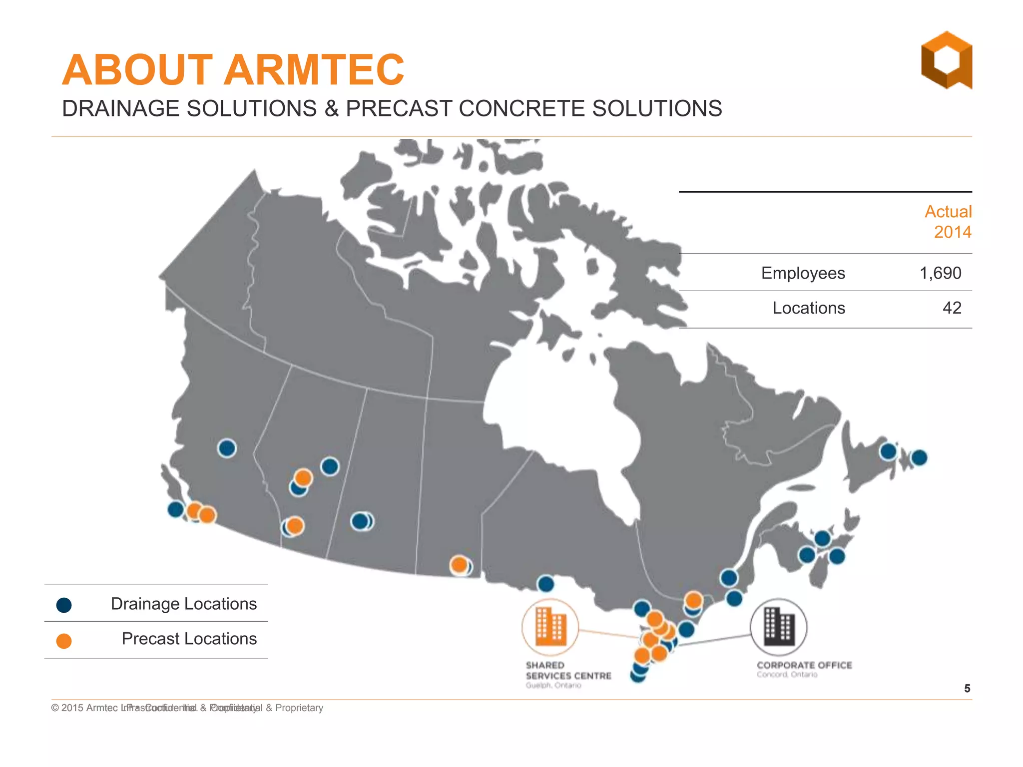 5
© 2015 Armtec LP • Confidential & Proprietary
5
© 2015 Armtec Infrastructure Inc. • Confidential & Proprietary
Actual
2014
Employees
Locations
1,690
42
DRAINAGE SOLUTIONS & PRECAST CONCRETE SOLUTIONS
Drainage Locations
Precast Locations
ABOUT ARMTEC
 