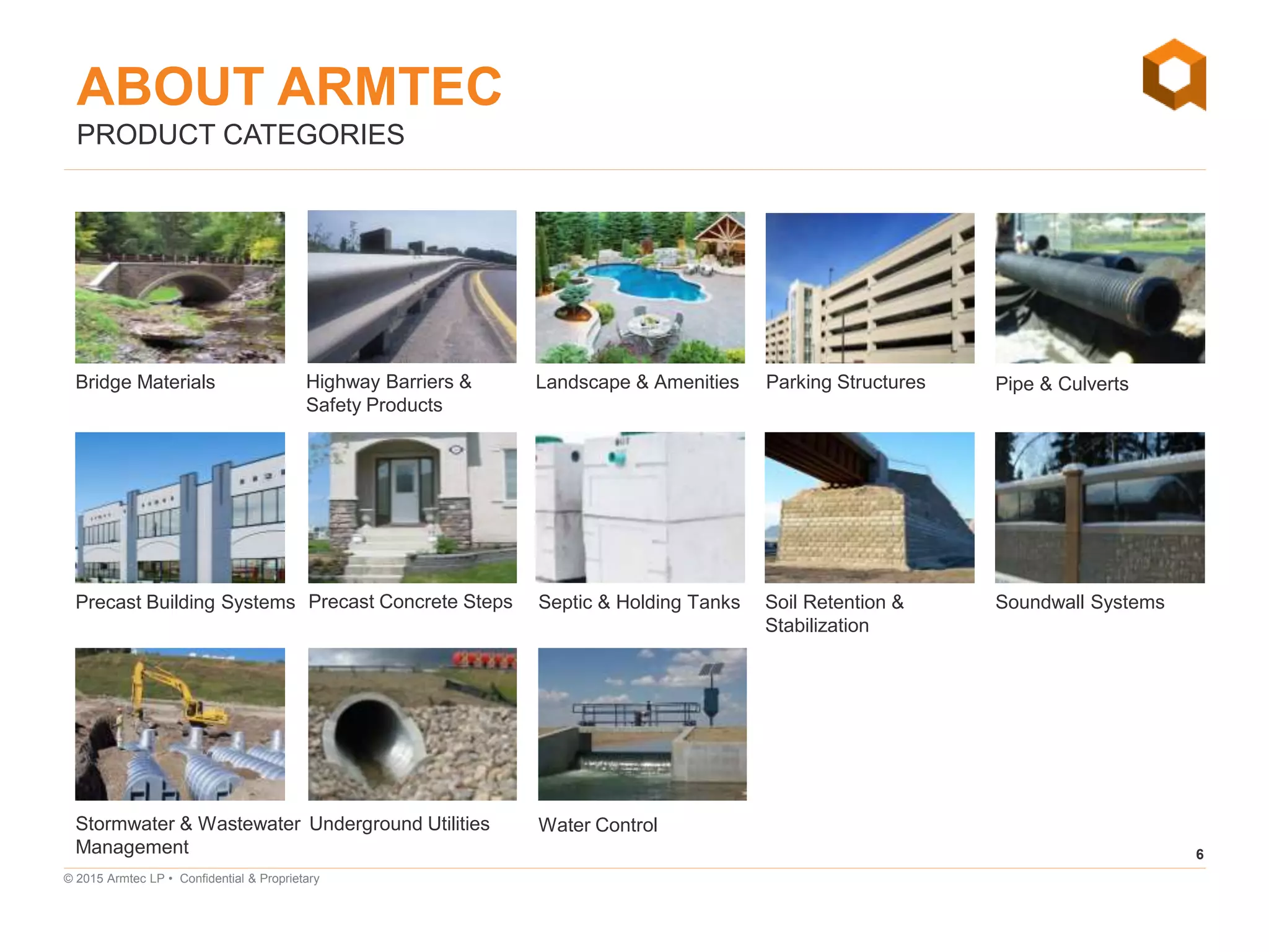 6
© 2015 Armtec LP • Confidential & Proprietary
Stormwater & Wastewater
Management
Underground Utilities Water Control
PRODUCT CATEGORIES
Highway Barriers &
Safety Products
Bridge Materials Landscape & Amenities Parking Structures Pipe & Culverts
Precast Building Systems Septic & Holding Tanks Soil Retention &
Stabilization
Soundwall SystemsPrecast Concrete Steps
ABOUT ARMTEC
 