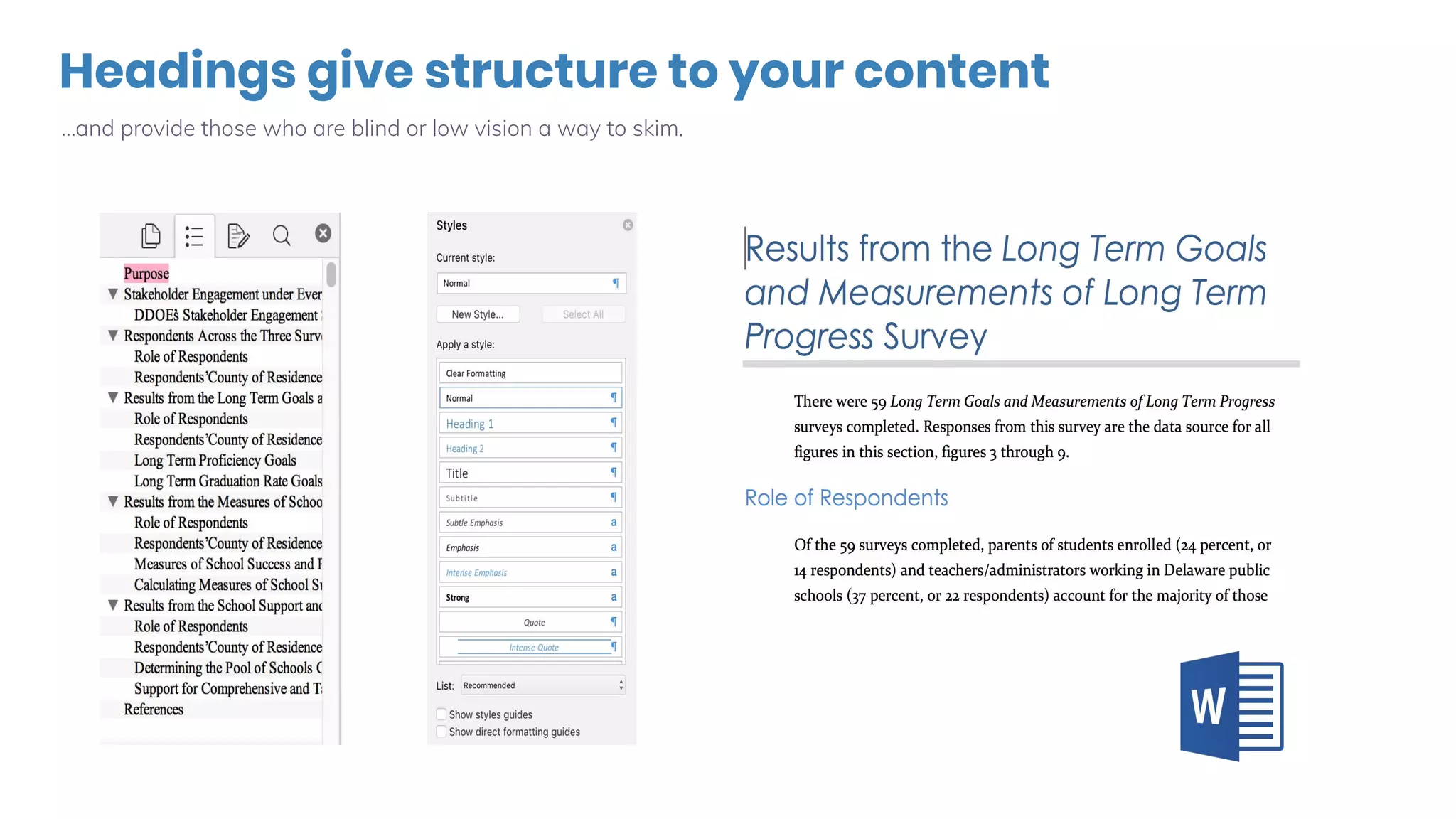 Headings give structure to your content
…and provide those who are blind or low vision a way to skim.
 