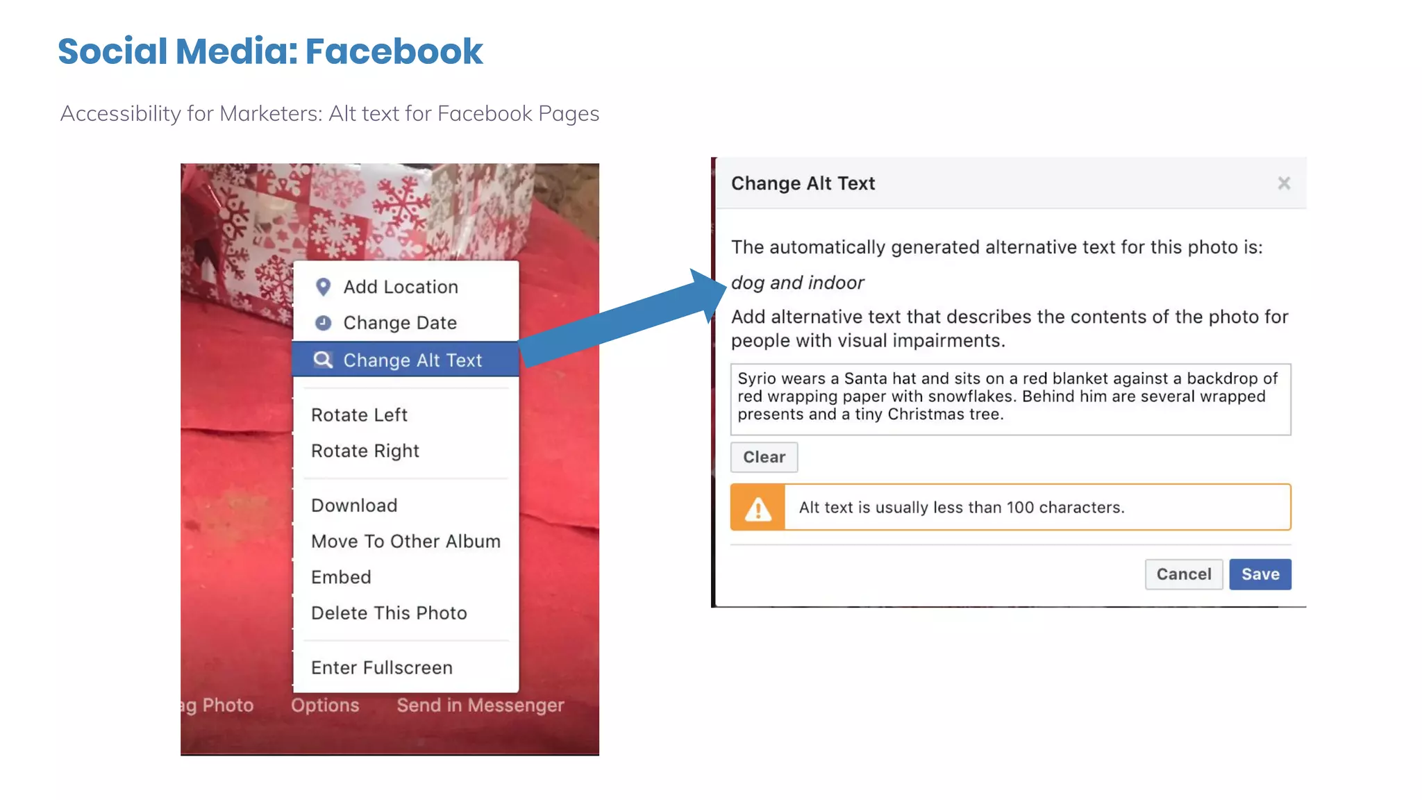 Social Media: Facebook
Accessibility for Marketers: Alt text for Facebook Pages
 