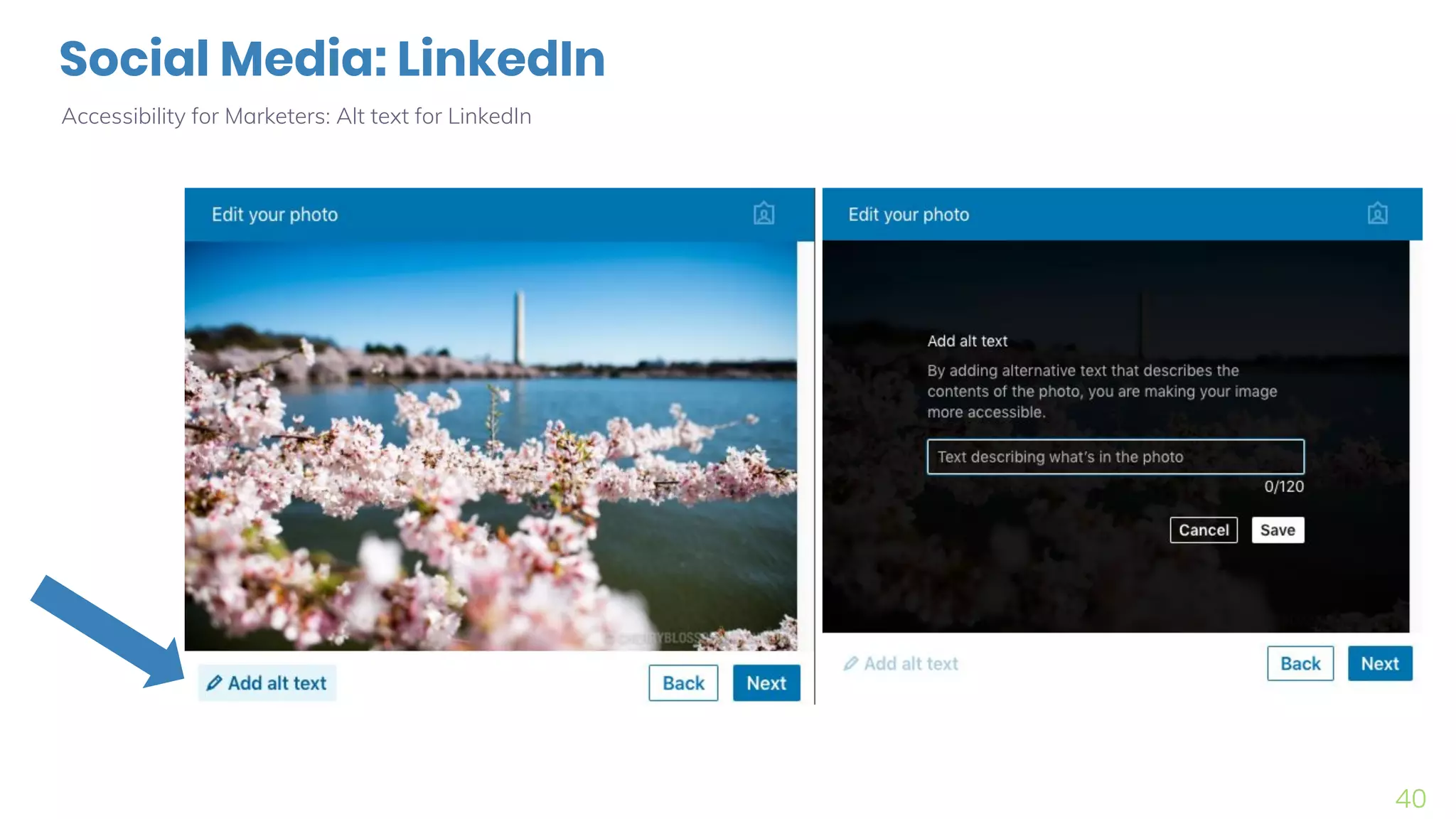 Social Media: LinkedIn
Accessibility for Marketers: Alt text for LinkedIn
40
 