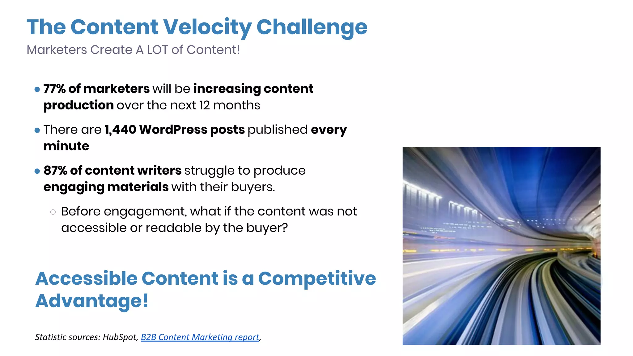 The Content Velocity Challenge
Marketers Create A LOT of Content!
● 77% of marketers will be increasing content
production over the next 12 months
● There are 1,440 WordPress posts published every
minute
● 87% of content writers struggle to produce
engaging materials with their buyers.
○ Before engagement, what if the content was not
accessible or readable by the buyer?
Accessible Content is a Competitive
Advantage!
 