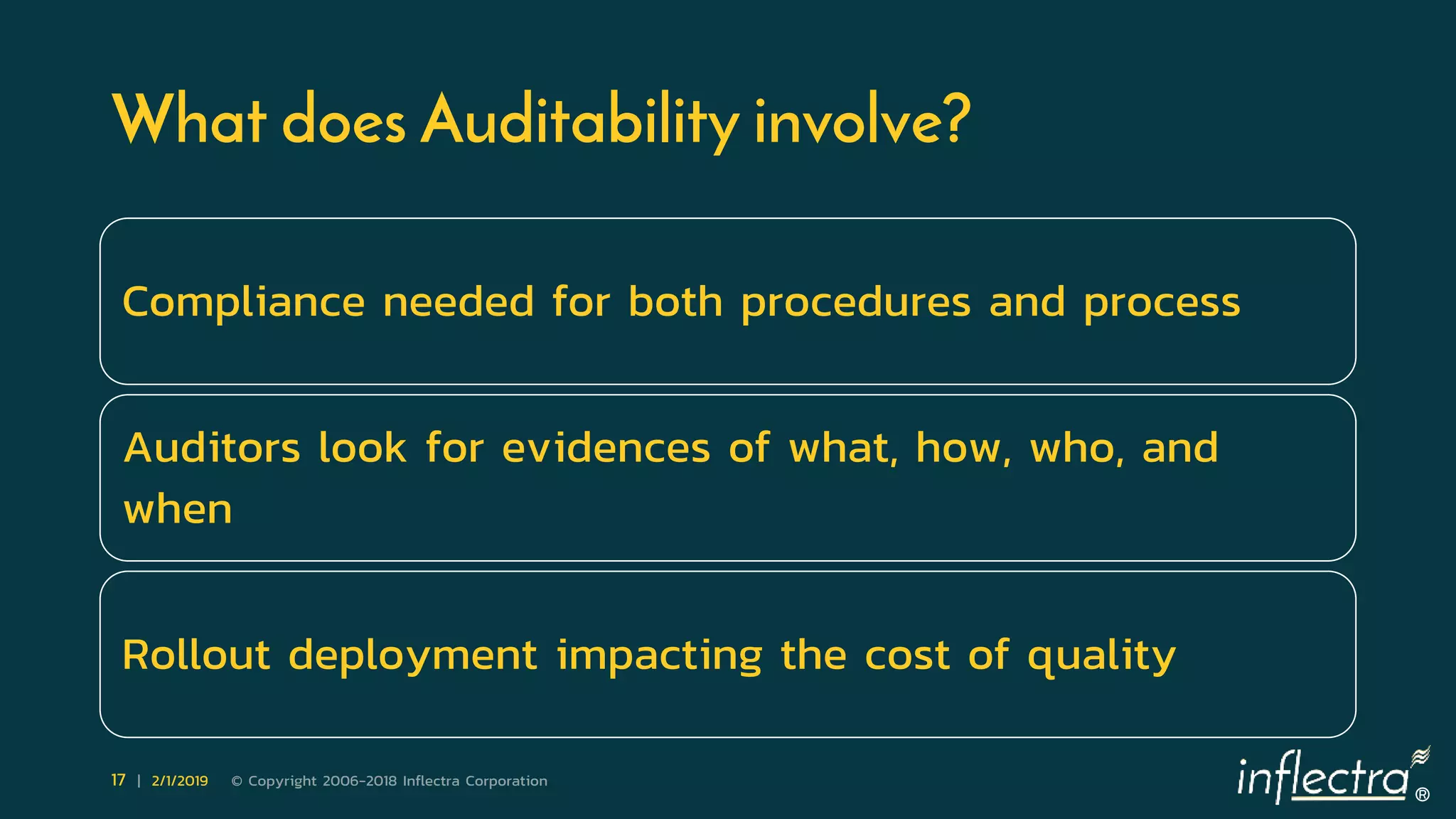 ®
17 | 2/1/2019 © Copyright 2006-2018 Inflectra Corporation
What does Auditability involve?
Compliance needed for both procedures and process
Auditors look for evidences of what, how, who, and
when
Rollout deployment impacting the cost of quality
 
