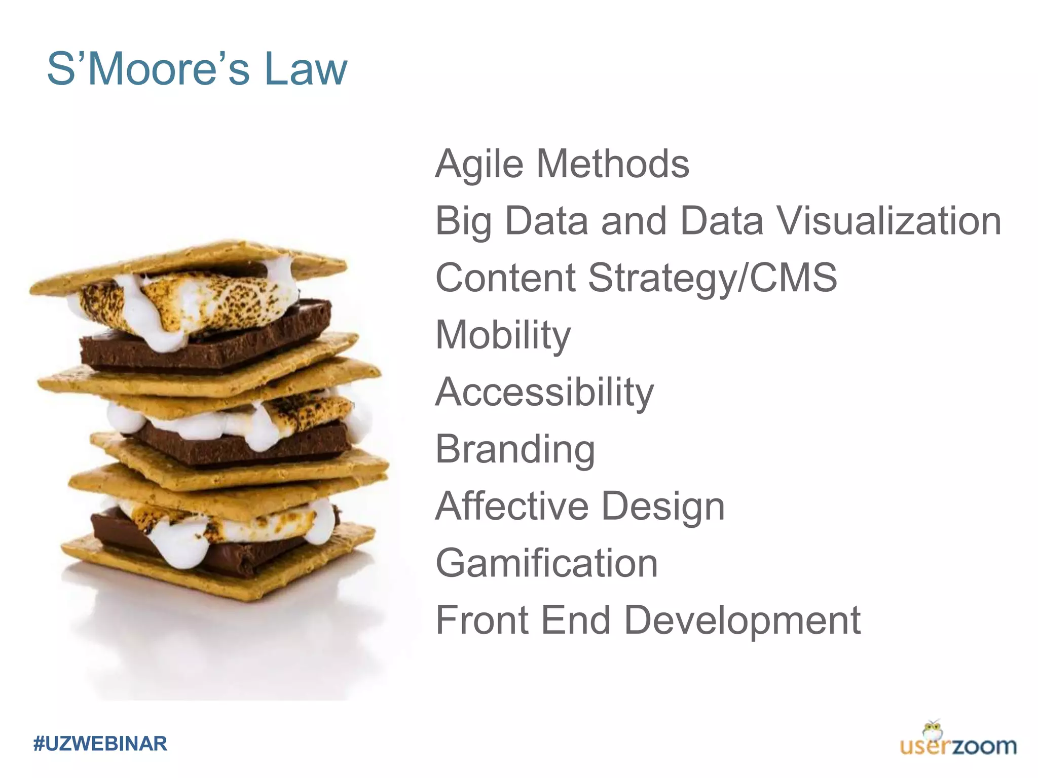 Agile Methods
Big Data and Data Visualization
Content Strategy/CMS
Mobility
Accessibility
Branding
Affective Design
Gamification
Front End Development
S’Moore’s Law
#UZWEBINAR
 