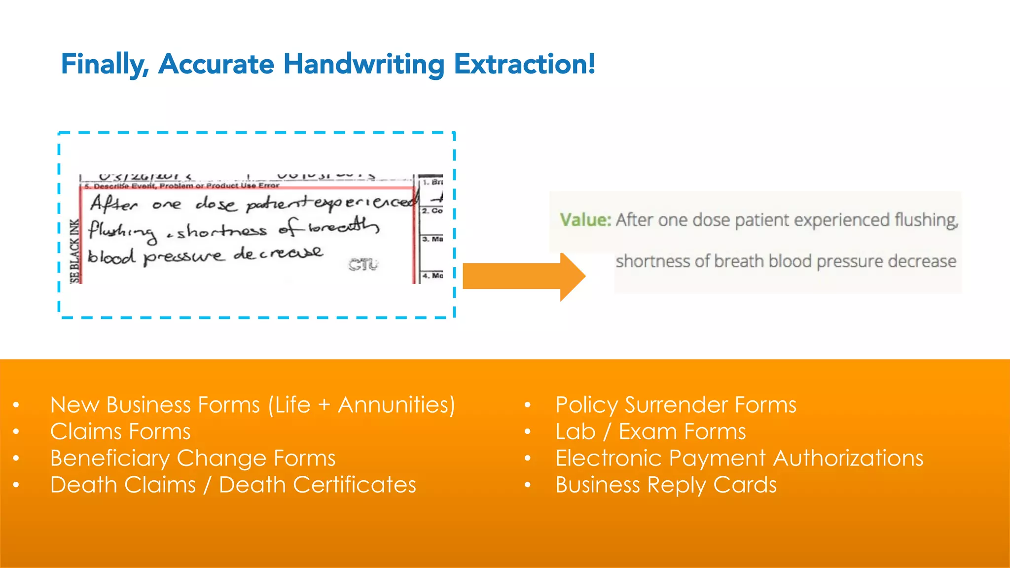 Finally, Accurate Handwriting Extraction!
•  New Business Forms (Life + Annunities)
•  Claims Forms
•  Beneficiary Change Forms
•  Death Claims / Death Certificates
•  Policy Surrender Forms
•  Lab / Exam Forms
•  Electronic Payment Authorizations
•  Business Reply Cards
 