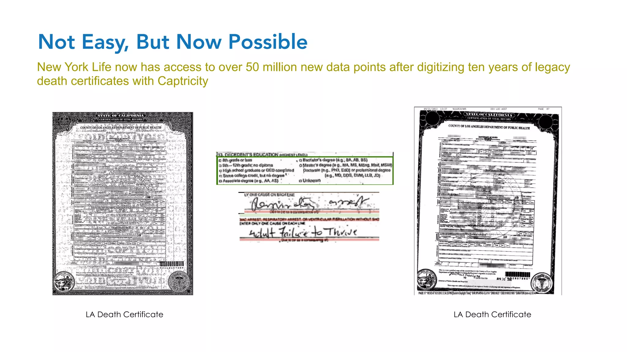 LA Death Certificate LA Death Certificate
New York Life now has access to over 50 million new data points after digitizing ten years of legacy
death certificates with Captricity
Not Easy, But Now Possible
 