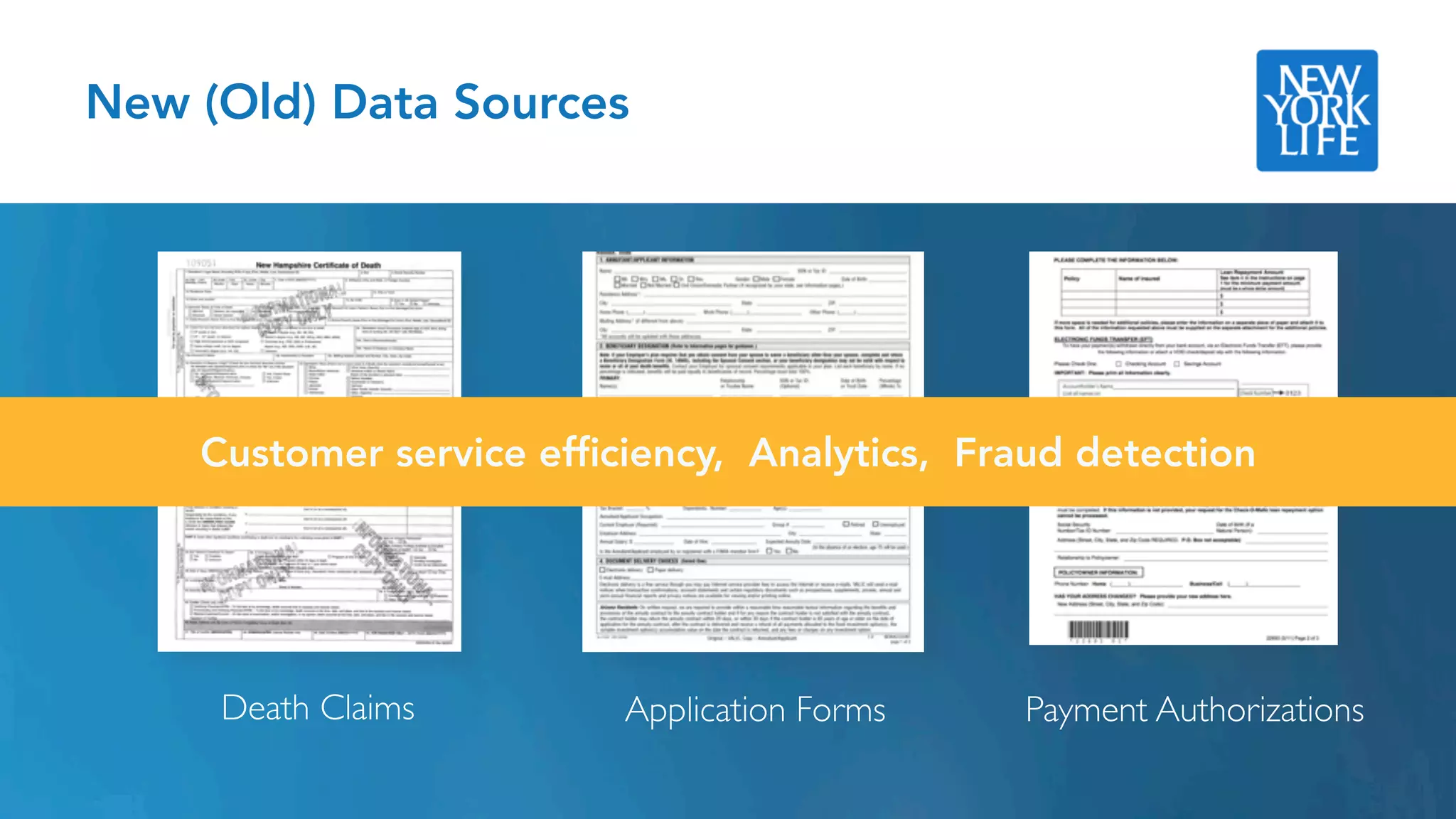 New (Old) Data Sources
Application Forms Payment AuthorizationsDeath Claims
Customer service efﬁciency, Analytics, Fraud detection
 