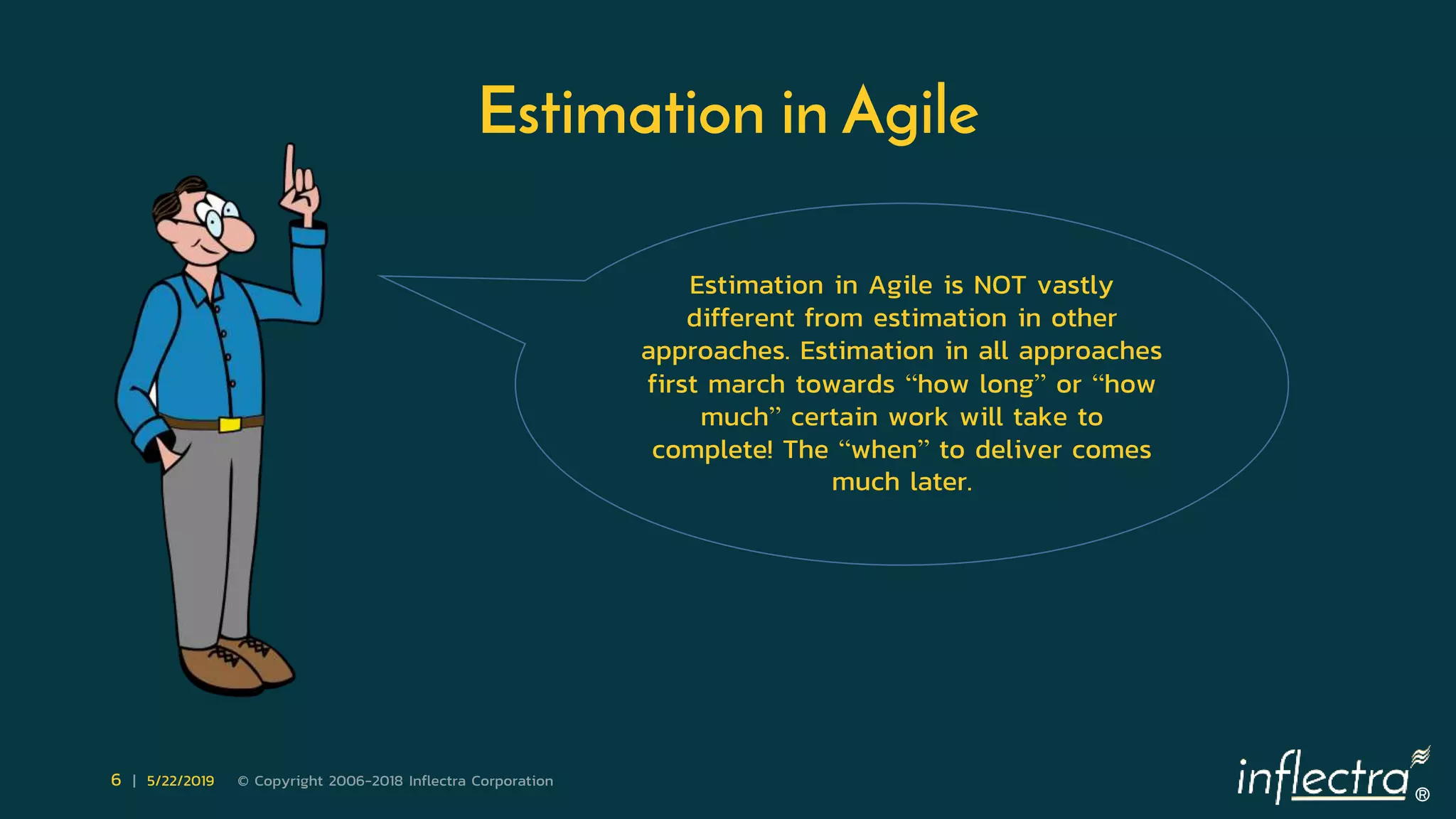 ®
6 | 5/22/2019 © Copyright 2006-2018 Inflectra Corporation
Estimation in Agile
Estimation in Agile is NOT vastly
different from estimation in other
approaches. Estimation in all approaches
first march towards “how long” or “how
much” certain work will take to
complete! The “when” to deliver comes
much later.
 
