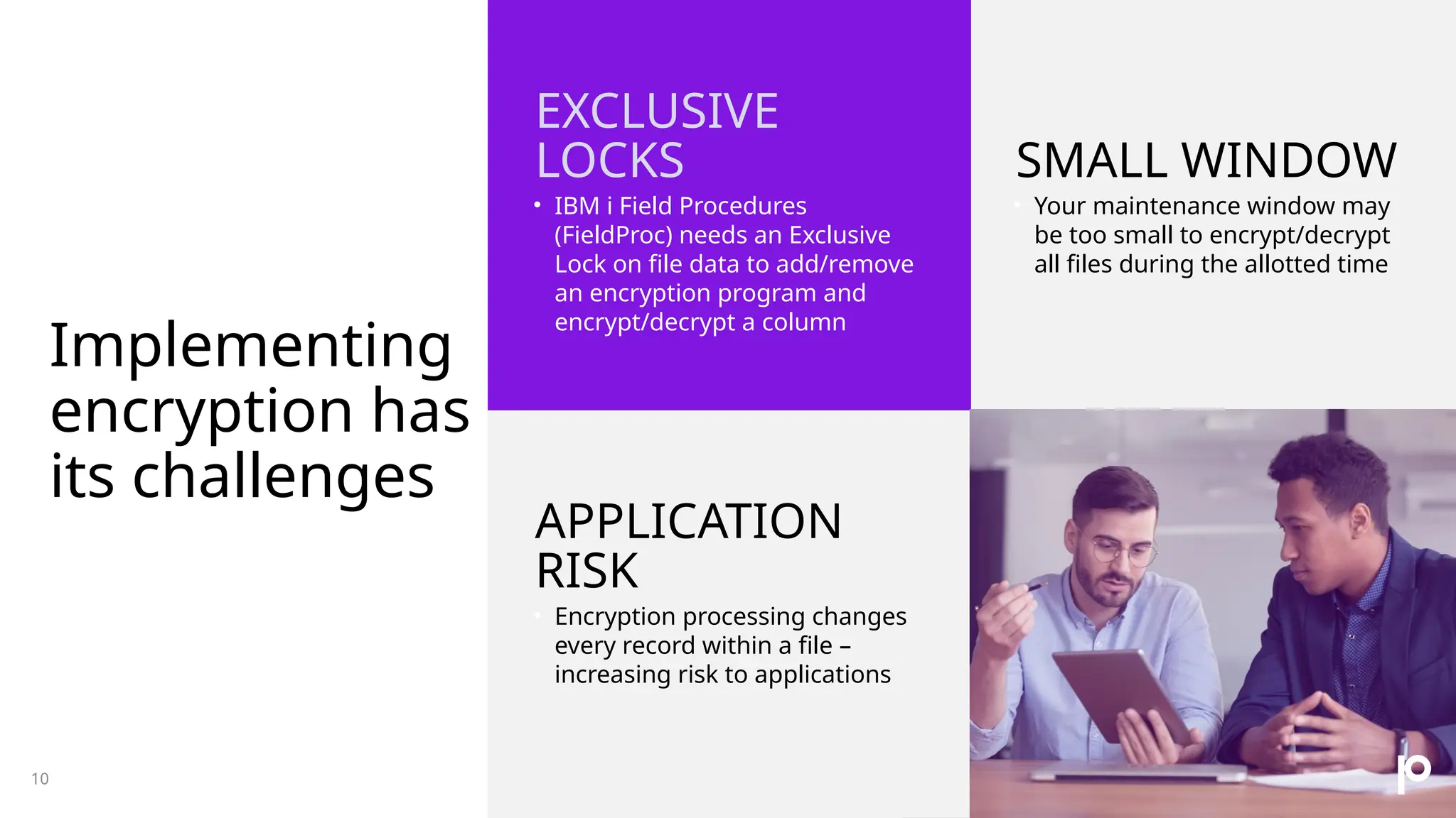 Implementing encryption has its challenges EXCLUSIVE LOCKS SMALL WINDOW • IBM i Field Procedures (FieldProc) needs an Exclusive Lock on file data to add/remove an encryption program and encrypt/decrypt a column • Your maintenance window may be too small to encrypt/decrypt all files during the allotted time APPLICATION RISK • Encryption processing changes every record within a file – increasing risk to applications 10 