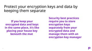 Protect your encryption keys and data by
keeping them separate
If you keep your
encrypted data and keys
in the same place, it’s like
placing your house key
beneath the mat
Security best practices
require you to store
encryption keys
separately from your
encrypted data and
manage them with an
encryption key manager
7
 