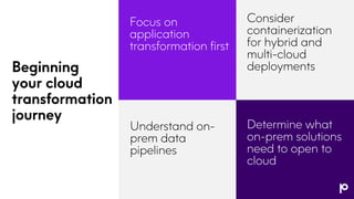 Beginning
your cloud
transformation
journey
Focus on
application
transformation first
Consider
containerization
for hybrid and
multi-cloud
deployments
Understand on-
prem data
pipelines
Determine what
on-prem solutions
need to open to
cloud
 