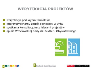WERYFIKACJA PROJEKTÓW
weryfikacja pod kątem formalnym
interdyscyplinarny zespół opiniujący w UMW
spotkania konsultacyjne z liderami projektów
opinia Wrocławskiej Rady ds. Budżetu Obywatelskiego
 