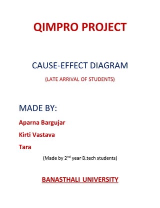 QIMPRO PROJECT
CAUSE-EFFECT DIAGRAM
(LATE ARRIVAL OF STUDENTS)
MADE BY:
Aparna Bargujar
Kirti Vastava
Tara
(Made by 2nd
year B.tech students)
BANASTHALI UNIVERSITY
 