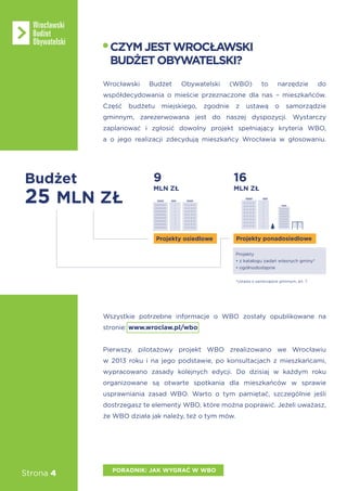 Strona 4
Wrocławski Budżet Obywatelski (WBO) to narzędzie do
współdecydowania o mieście przeznaczone dla nas – mieszkańców.
Część budżetu miejskiego, zgodnie z ustawą o samorządzie
gminnym, zarezerwowana jest do naszej dyspozycji. Wystarczy
zaplanować i zgłosić dowolny projekt spełniający kryteria WBO,
a o jego realizacji zdecydują mieszkańcy Wrocławia w głosowaniu.
Wszystkie potrzebne informacje o WBO zostały opublikowane na
stronie: www.wroclaw.pl/wbo
Pierwszy, pilotażowy projekt WBO zrealizowano we Wrocławiu
w 2013 roku i na jego podstawie, po konsultacjach z mieszkańcami,
wypracowano zasady kolejnych edycji. Do dzisiaj w każdym roku
organizowane są otwarte spotkania dla mieszkańców w sprawie
usprawniania zasad WBO. Warto o tym pamiętać, szczególnie jeśli
dostrzegasz te elementy WBO, które można poprawić. Jeżeli uważasz,
że WBO działa jak należy, też o tym mów.
PORADNIK: JAK WYGRAĆ W WBO
CZYMJESTWROCŁAWSKI
BUDŻETOBYWATELSKI?
25
9
Projekty
16
Projekty osiedlowe Projekty ponadosiedlowe
 