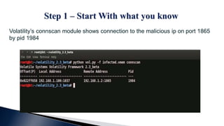 Volatility’s connscan module shows connection to the malicious ip on port 1865
by pid 1984
 