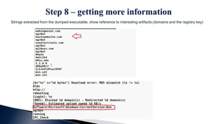 Strings extracted from the dumped executable, show reference to interesting artifacts (domains and the registry key)
 