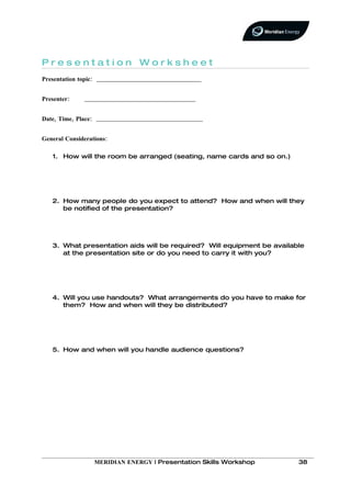 Small Presentation Worksheet Presentation skills Workbook | DOC