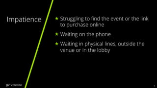 6
« Struggling to ﬁnd the event or the link
to purchase online
« Waiting on the phone
« Waiting in physical lines, outside the
venue or in the lobby
Impatience
 