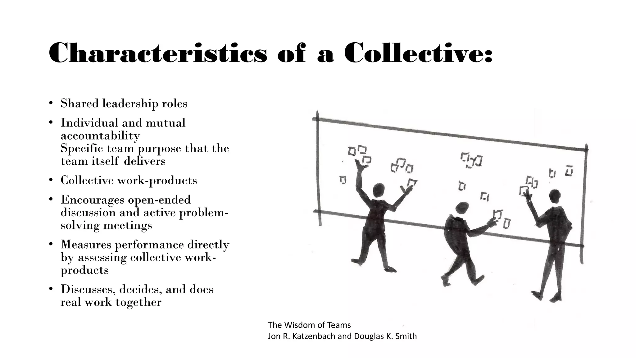 Characteristics of a Collective:
• Shared leadership roles
• Individual and mutual
accountability
Specific team purpose that the
team itself delivers
• Collective work-products
• Encourages open-ended
discussion and active problem-
solving meetings
• Measures performance directly
by assessing collective work-
products
• Discusses, decides, and does
real work together
The Wisdom of Teams
Jon R. Katzenbach and Douglas K. Smith
 