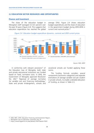EDUCATION SECTOR MID-TERM DEVELOPMENT PLAN 2021-2030
28
2.2 EDUCATION SECTOR RESOURCES AND OPPORTUNITIES
Finance and Investment
30	
ADB, MES. 2019. Education Financing and Investment Report.
31	
Mongolian Law on Education, provisions 40, 41.
32	
https://www.legalinfo.mn/law/details/11937?lawid=11937.
The share of the education budget in
Mongolia’s GDP averaged 4.3-6.5 percent over
the past 10 years (Figure 2.4). This suggests that
education expenditure has reached the global
average (5%). Figure 2.4 shows education
budget expenditures and the share of education
in the government budget during 2010-2018 in
current and nominal prices.30
Figure 2.4. Education budget expenditure dynamics, nominal and 2010 current prices
Source: NSO, MOF
In conformity with relevant provisions31
of
the Education Law of Mongolia, both state
and private educational institutions are funded
based on fixed, normative costs. In 2016, the
Government of Mongolia approved Resolution
No. 242,32
"Approval of average normative
for variable cost and financing methodology."
State and private kindergartens, schools and
vocational schools are funded applying these
norms.
The funding formula considers several
components (economic categories) and separate
estimations of average variable cost per student
in private schools, to enable a detailed allocation
of funding, as shown in Table 2.3.
 