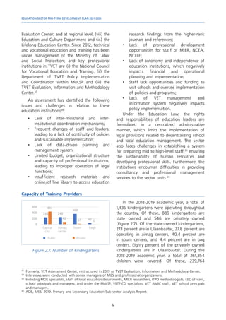 EDUCATION SECTOR MID-TERM DEVELOPMENT PLAN 2021-2030
32
Evaluation Center; and at regional level, (viii) the
Education and Culture Department and (ix) the
Lifelong Education Center. Since 2012, technical
and vocational education and training has been
under management of the Ministry of Labor
and Social Protection; and key professional
institutions in TVET are (i) the National Council
for Vocational Education and Training, (ii) the
Department of TVET Policy Implementation
and Coordination within MoLSP and (iii) the
TVET Evaluation, Information and Methodology
Center.37
An assessment has identified the following
issues and challenges in relation to these
education institutions38
:
•	Lack of inter-ministerial and inter-
institutional coordination mechanisms;
•	 Frequent changes of staff and leaders,
leading to a lack of continuity of policies
and sustainable implementation;
•	Lack of data-driven planning and
management system;
•	 Limited budget, organizational structure
and capacity of professional institutions,
leading to improper operation of legal
functions;
•	Insufficient research materials and
online/offline library to access education
37	
Formerly, VET Assessment Center, restructured in 2019 as TVET Evaluation, Information and Methodology Center,
38	
Interviews were conducted with senior managers of MES and professional organizations.
39
	 Including MOE specialists, staff of local education departments, MIER researchers, ITPD methodologists, EEC officers,
school principals and managers; and under the MoLSP, VETPICD specialists, VET AMIC staff, VET school principals
and managers.
40
	 ADB, MES. 2019. Primary and Secondary Education Sub-sector Analysis Report.
research findings from the higher-rank
journals and references;
•	
Lack of professional development
opportunities for staff of MIER, NCEA,
NCLLE;
•	 Lack of autonomy and independence of
education institutions, which negatively
impacts financial and operational
planning and implementation;
•	 Staff lack opportunities and funding to
visit schools and oversee implementation
of policies and programs;
•	
Lack of VET management and
information system negatively impacts
policy implementation.
Under the Education Law, the rights
and responsibilities of education leaders are
formulated in a centralized administrative
manner, which limits the implementation of
legal provisions related to decentralizing school
and local education management. The sector
also faces challenges in establishing a system
for preparing mid to high-level staff,39
ensuring
the sustainability of human resources and
developing professional skills. Furthermore, the
institutions encounter difficulties in providing
consultancy and professional management
services to the sector units.40
Capacity of Training Providers
Figure 2.7. Number of kindergartens
Capital
city
Public Private
Aimag
center
Soum Bagh
In the 2018-2019 academic year, a total of
1,435 kindergartens were operating throughout
the country. Of these, 889 kindergartens are
state owned and 546 are privately owned
(Figure 2.7). Of the state-owned kindergartens,
27.1 percent are in Ulaanbaatar, 27.8 percent are
operating in aimag centers, 40.4 percent are
in soum centers, and 4.4 percent are in bag
centers. Eighty percent of the privately owned
kindergartens are in Ulaanbaatar. During the
2018-2019 academic year, a total of 261,354
children were covered. Of these, 239,764
 