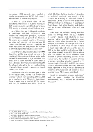 33
EDUCATION SECTOR MID-TERM DEVELOPMENT PLAN 2021-2030
preschoolers (91.7 percent) were enrolled in
regular kindergarten and 21,590 (8.3 percent)
were enrolled in alternative programs.
A total of 7,903 classes were full and
operational. The number of students in class was
36.9 percent in state-owned kindergartens and
22.6 percent in privately owned kindergartens.
As of 2018, there are 27,172 people employed
at preschool education institutions. Five
percent are kindergarten principals, 2 percent
are methodologists, 28 percent are teachers,
26 percent are assistant teachers, 39 percent
are other staff members. Of the teachers, 88
percent are classroom teachers, 9 percent are
music instructors and one percent are teachers
at alternative preschool education services.41
According to MES projections based on EMIS
data, there will be only a small increase in the
number of children in the 0-5 age group and a
decrease in the number of age 5 children until
2024, then a slight increase in 2024 (81,947),
then a decrease down to numbers similar to 2019.
Therefore, it is likely that the net enrollment rate
of preschoolers may not increase more than 2
percent until 2030.42
Also in the 2018-2019 academic year, a total
of 803 (public 656, private 147) primary and
secondary schools were operating. Of these, 558
are in rural areas and 245 are in Ulaanbaatar.
These schools have a total of 20,574 classes
with 593,150 students and 49,441 staff, of
41
	 ADB, MES, 2019. Pre-primary Education Sub-sector Analysis Report.
42	
MES, 2019. EMIS projection.
43	
MES. 2019. 2018-2019 academic year statistics.
44	
ADB, MES. 2019. Primary and Secondary Education Sub-sector Analysis Report.
45	
Please refer to demographics in this chapter.
46	
Based on 2018-2019 training plan and annual retirement projections.
which 30,411 are full-time teachers.43
According
to 2018-2019 academic year statistics, 8,451
students are attending 212 third-shift classes in
28 schools. Of the 28 schools with three shifts,
7,743 students are in 188 classes in Ulaanbaatar.
This indicates that school location and student
load are imbalanced between urban and rural
areas.44
Class sizes are different among education
levels; on average, there are 30.3 students
in primary classes, 26.9 students in lower
secondary classes and 30.3 students in upper
secondary class. When the class size is further
analyzed nationwide, the average class size is
31.5 students in urban areas and 26.1 students
in rural areas (30.7 at aimag center schools,
24.5 at the bag and khoroo levels, and 18.2 in
rural village schools). In the 2017-2018 academic
year, 6.1 percent, or 35,012 students, were
enrolled at private secondary schools. In last
twelve years, the number of students enrolled
at private secondary schools increased by 1.1
point annually. (Figure 2.8). In 2006, the rate of
students enrolled at private secondary education
was 5.3 percent; in 2015, it was 5.8 percent (5.6
percent in primary schools, 5.0 percent in lower
secondary, and 7.2 in upper secondary).
Based on population growth projections45
and the subject syllabus for 2018-2019,
approximately, 30,000 teachers will be needed
by 2030.46
 