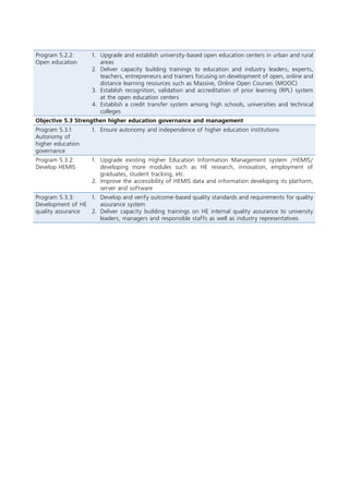 Program 5.2.2:
Open education
1.	 Upgrade and establish university-based open education centers in urban and rural
areas
2.	Deliver capacity building trainings to education and industry leaders, experts,
teachers, entrepreneurs and trainers focusing on development of open, online and
distance learning resources such as Massive, Online Open Courses (MOOC)
3.	 Establish recognition, validation and accreditation of prior learning (RPL) system
at the open education centers
4.	Establish a credit transfer system among high schools, universities and technical
colleges
Objective 5.3 Strengthen higher education governance and management
Program 5.3.1:
Autonomy of
higher education
governance
1.	 Ensure autonomy and independence of higher education institutions
Program 5.3.2:
Develop HEMIS
1.	 Upgrade existing Higher Education Information Management system /HEMIS/
developing more modules such as HE research, innovation, employment of
graduates, student tracking, etc.
2.	 Improve the accessibility of HEMIS data and information developing its platform,
server and software
Program 5.3.3:
Development of HE
quality assurance
1.	 Develop and verify outcome-based quality standards and requirements for quality
assurance system
2.	 Deliver capacity building trainings on HE internal quality assurance to university
leaders, managers and responsible staffs as well as industry representatives
 