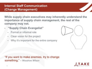 Internal Staff Communication
(Change Management)
While supply chain executives may inherently understand the
importance of supply chain management, the rest of the
company may not.
• “Supply Chain Evangelist”
• Formal or informal role
• Clear vision for the project
• Why it’s important for the entire company
6
“If you want to make enemies, try to change
something.” – Woodrow Wilson
 