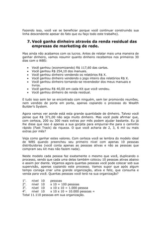 Fazendo isso, você vai se beneficiar porque você continuar construindo sua
linha descendente apesar do fato que eu faço todo este trabalho).

   7. Você ganha dinheiro através da renda residual das
      empresas de marketing de rede.
Mas ainda não acabamos com os lucros. Antes de relatar mais uma maneira de
ganhar dinheiro, vamos resumir quanto dinheiro recebemos nos primeiros 30
dias com o WBS:

   •    Você ganhou   (economizando) R$ 117,60 das cartas.
   •    Você ganhou   R$ 254,10 dos manuais.
   •    Você ganhou   dinheiro vendendo os relatórios R$ X.
   •    Você ganhou   dinheiro vendendo o jogo inteiro dos relatórios R$ X.
   •    Você ganhou   dinheiro tornando-se revendedor dos meus manuais e
        livros.
   •    Você ganhou   R$ 40,00 em cada Kit que você vendeu.
   •    Você ganhou   dinheiro de renda residual.

E tudo isso sem ter se encontrado com ninguém, sem ter promovido reuniões,
nem vendido de porta em porta, apenas copiando o processo do Wealth
Builder’s System.

Agora vamos ver aonde está esta grande quantidade de dinheiro. Talvez você
pense que R$ 371,00 não seja muito dinheiro. Mas você pode afirmar que,
com certeza, 200 ou 300 reais extras por mês podem ajudar bastante. Eu já
lhe disse que isso é apenas a sua gorjeta para empurrar-lhe para o caminho
rápido (Fast Track) da riqueza. O que você acharia de 2, 3, 6 mil ou mais
extras por mês?

Veja como ganhar estes valores. Com certeza você se lembra do modelo ideal
de WBS quando preencheu seu primeiro nível com apenas 10 pessoas
distribuidoras (você conta apenas as pessoas ativas e não as pessoas que
compram seu kit mas não fazem nada).

Neste modelo cada pessoa faz exatamente o mesmo que você, duplicando o
processo, sendo que cada uma delas também colocou 10 pessoas ativas abaixo
e assim por diante. Vejamos agora quantas pessoas você pode colocar sob sua
supervisão, apenas copiando este processo. Vamos supor que após algum
tempo consiga criar uma grande organização, ativa e feliz, que consuma e
venda para você. Quantas pessoas você terá na sua organização?

1o.      nível 10   pessoas
2o.      nível 10   x 10 = 100 pessoas
3o.      nível 10   x 10 x 10 = 1.000 pessoa
4o.      nível 10   x 10 x 10 = 10.000 pessoas =
Total   11.110 pessoas em sua organização.
 