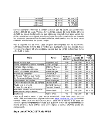 20   livros        R$   5,50       R$ 110,00
                         50   livros        R$   4,50       R$ 225,00
                        100   livros        R$   4,00       R$ 400,00
                       1000   livros        R$   3,50        R$ 3,500

Se você comprar 100 livros e vender cada um por R$ 15,00, vai ganhar mais
de R$ 1.100,00 de lucro. Você pode vendê-los através de mala direta, através
da WBS ou colocá-los também na sua página da internet. Você pode vendê-los
ainda, montando um estande em algum lugar de muito movimento, ou quando
for organizar suas reuniões de oportunidades, onde poderá montar uma mesa
e vender muitos livros em pouco tempo.

Veja a seguinte lista de livros. Cada um pode ser comprado por no máximo R$
5,00 (quantidade mínima 10) e vendido por qualquer preço que deseja. Caso
você queira adquirir só uma unidade, o preço que eu vendo todos meus livros
é R$ 9,90 + frete.

                                                                     Preço     Preço
                                                        Número
              Título                    Autor                     atacado 10  venda
                                                        páginas
                                                                  qde mínima sugerido
 Pense e Enriqueça                 Napoleon Hill       210          R$ 5,00   10 – 20
 Como Venceram Grandes Homens Dale Carnegie            224          R$ 5,00   10 – 20
 Hipnose (Hipnoterapia)            Oldemar Nunes       134          R$ 5,00   10 – 15
 Ajude-te pela Auto Hipnose        Frank Caprio        194          R$ 5,00   10 – 20
 Como Enriquecer Vendendo          Frank Bettger       308          R$ 5,00   10 – 20
 Fique Rico Vendendo               Vincent F. S.       172          R$ 5,00   10 – 20
 O Mágico Poder da sua Mente       Walter Germein      228          R$ 5,00   10 – 20
 Os Poderes da Magia Mental        Verno Howard        242          R$ 5,00   10 – 20
 Treinamento de Vendas             Franck Bettger      238          R$ 5,00   10 – 20
 O Novo Moderno Curso de Vendas Charles Roth           146          R$ 5,00   10 – 20
 Ajude-te a ti próprio             Bernard Haldane     196          R$ 5,00   10 – 20
 A Nova Arte de Viver              Norman Vincent      180          R$ 5,00   10 – 20
 Entre em Perfeita Forma com os
                                   Simon Cook          120       R$ 5,00       10 – 20
 Exercícios da Royal Marine
 Grafologia                        Petrer West          96       R$ 5,00       10 – 20
Caso você queira saber o que temos disponível, favor ligar para (0xx11)
3061.2698 ou visitar nossa página da internet www.seminarios.com.br clicando
o botão “PARCERIA” ou “REVENDEDORES”. Esta área é restrita e só pode ser
acessada pelos compradores do WBS que queiram tornar-se representantes da
minha empresa. Para entrar, você deve digitar a senha SALMOS (tudo em
maiúsculas).

Seja um ATACADISTA do WBS
 