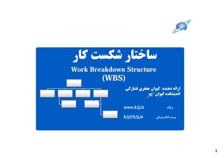 ‫ﺳﺎﺧﺘﺎر ﺷﮑﺴﺖ ﮐﺎر‬
‫‪Work Breakdown Structure‬‬
        ‫)‪(WBS‬‬
               ‫اراﺋﻪ دﻫﻨﺪه: ﮐﯿﻮان ﺟﻌﻔﺮي ﻓﺸﺎرﮐﯽ‬
                              ‫اﻧﺪﯾﺸﮑﺪه ﮐﯿﻮان‬


               ‫‪www.k1j.ir‬‬             ‫وﺑﮕﺎه:‬

               ‫‪k1j@k1j.ir‬‬      ‫ﭘﺴﺖ اﻟﮑﺘﺮوﻧﯿﮑﯽ:‬



           ‫0‬




                                                 ‫1‬
 