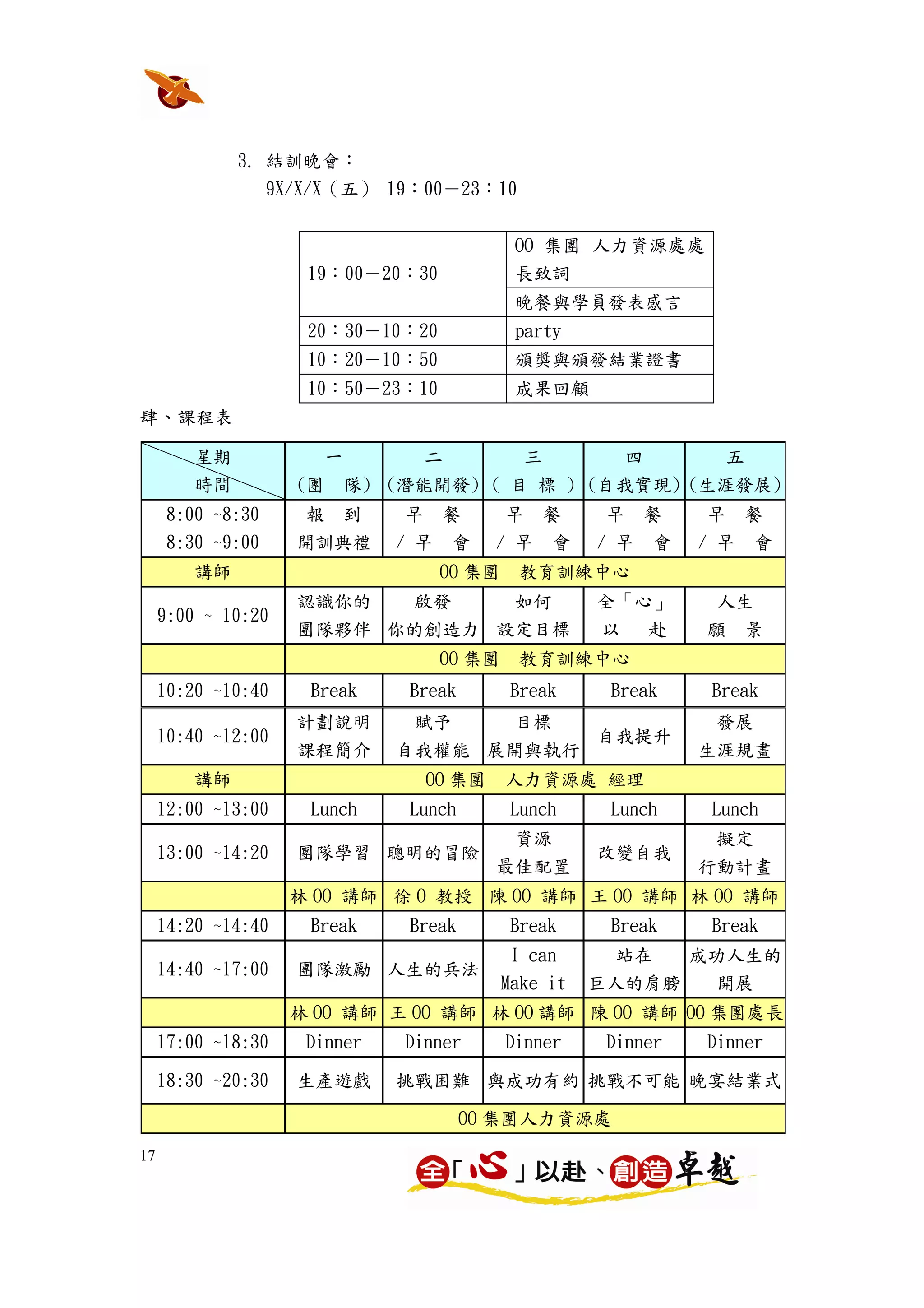 3. 結訓晚會：
                   9X/X/X（五） 19：00－23：10


                                              OO 集團 人力資源處處
                      19：00－20：30             長致詞
                                              晚餐與學員發表感言
                      20：30－10：20             party
                      10：20－10：50             頒獎與頒發結業證書
                      10：50－23：10             成果回顧
肆、課程表

         星期               一         二          三           四            五
         時間          (團       隊) (潛能開發) ( 目 標 ) (自我實現) (生涯發展)
      8:00 ~8:30      報 到         早 餐        早 餐        早 餐         早 餐
      8:30 ~9:00     開訓典禮        / 早 會      / 早 會      / 早 會       / 早 會
         講師                          OO 集團    教育訓練中心
                     認識你的          啟發         如何       全「心」          人生
     9:00 ~ 10:20
                     團隊夥伴 你的創造力 設定目標                   以       赴    願       景
                                     OO 集團    教育訓練中心
     10:20 ~10:40     Break       Break       Break     Break       Break
                     計劃說明         賦予   目標                           發展
     10:40 ~12:00                           自我提升
                     課程簡介        自我權能 展開與執行                        生涯規畫
         講師                         OO 集團    人力資源處 經理
     12:00 ~13:00     Lunch       Lunch       Lunch     Lunch       Lunch
                                              資源                     擬定
     13:00 ~14:20    團隊學習 聰明的冒險                        改變自我
                                            最佳配置                   行動計畫
                     林 OO 講師 徐 O 教授 陳 OO 講師 王 OO 講師 林 OO 講師
     14:20 ~14:40     Break       Break       Break     Break       Break
                                              I can      站在        成功人生的
     14:40 ~17:00    團隊激勵 人生的兵法
                                             Make it   巨人的肩膀         開展
                     林 OO 講師 王 OO 講師 林 OO 講師 陳 OO 講師 OO 集團處長
     17:00 ~18:30     Dinner      Dinner     Dinner     Dinner      Dinner

     18:30 ~20:30    生產遊戲        挑戰困難 與成功有約 挑戰不可能 晚宴結業式

                                          OO 集團人力資源處
17
 