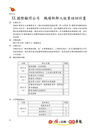 附件五

     XX 國際顧問公司             職場新鮮人就業培訓計畫
壹、活動宗旨：
  為提升畢業生之就職競爭力，增加其就職管道與保障，OO 大學與 XX 國際諮詢顧問股份
  有限公司合作，推出職場新鮮人就業培訓計畫，進行總體的產業分析、發展以及細部規
  劃如就業輔導程的規劃、職涯諮商以及適性測驗等等一系列總體的就業服務計畫，並於
  結訓後由 XX 國際顧問公司輔導就職及追蹤就業情況，使本計劃學員增加職場競爭力與工
  作保障。
貳、活動地點：
  國立 OO 大學 活動中心 視聽教室
參、活動內容
  活動內容分「職前課程訓練」及「企業職務媒合」二個部份進行，由 XX 國際顧問公司介
     紹就業機會，並於媒合成功後輔導就職及追蹤就業情況，使本校學生增加職場競爭力與
  工作保障。。
肆、職前課程訓練


         日期              單元主題        時數
                 適性測驗、自我認識           3
        9X/X/X
                 建立個人形象自我增值概念        4
        〈五〉
                 分析個人擇業取向、訂定個人擇業計劃   2
                 培養良好工作態度            3
        9X/X/X
                 溝通及人際技巧             4
        〈六〉
                 基本勞工法例、職業安全與健康      2
                 求職及面試技巧、搜集職業資料、最新就 2
        9X/X/X   業市場動態
        〈日〉      撰寫求職信及履歷表           2
                 面試演練                3


伍、企業職務媒合
         日期              面試場次        時數
                         履歷表收件
        9X/X/X          面試場次〈一〉          2
        〈六〉             面試場次〈二〉          3
                        面試場次〈三〉          3

20
 