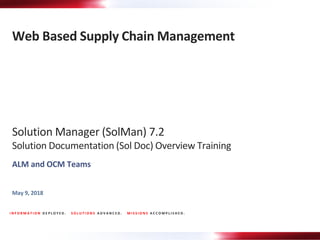 I N F O R M A T I O N D E P L O Y E D . S O L U T I O N S A D V A N C E D . M I S S I O N S A C C O M P L I S H E D .
Web Based Supply Chain Management
Solution Manager (SolMan) 7.2
Solution Documentation (Sol Doc) Overview Training
May 9, 2018
ALM and OCM Teams
 