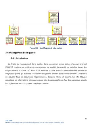 Aïda SFAR
MPMP – Démarche qualité à la formation intégrale au sein de l’UVT selon la norme ISO 9001
Figure
3-6 Management de la qualité
3.6.1 Introduction
La finalité du management de la qualité, dans un premier temps, est de s’assurer le projet
ISO.UVT produira un système de management de qualité documenté qui satisfera toutes les
exigences de à la norme ISO 9001 :2008. Dans ce but
diagnostic qualité qui évaluera l’écart entre le système existant et la norme ISO 9001, permettra
de recueillir tous les documents réglementaires, d'origine interne et externe. En effet l'équipe
recueillera les informations nécessaires pour faire la cartographie du flux des processus actuels
(un logigramme sera conçu pour chaque processus).
intégrale au sein de l’UVT selon la norme ISO 9001.
Figure N°8 : Vue Ms project côut estimé
Management de la qualité
La finalité du management de la qualité, dans un premier temps, est de s’assurer le projet
ISO.UVT produira un système de management de qualité documenté qui satisfera toutes les
exigences de à la norme ISO 9001 :2008. Dans ce but une attention particulière sera donnée au
diagnostic qualité qui évaluera l’écart entre le système existant et la norme ISO 9001, permettra
de recueillir tous les documents réglementaires, d'origine interne et externe. En effet l'équipe
formations nécessaires pour faire la cartographie du flux des processus actuels
(un logigramme sera conçu pour chaque processus).
43
La finalité du management de la qualité, dans un premier temps, est de s’assurer le projet
ISO.UVT produira un système de management de qualité documenté qui satisfera toutes les
une attention particulière sera donnée au
diagnostic qualité qui évaluera l’écart entre le système existant et la norme ISO 9001, permettra
de recueillir tous les documents réglementaires, d'origine interne et externe. En effet l'équipe
formations nécessaires pour faire la cartographie du flux des processus actuels
 